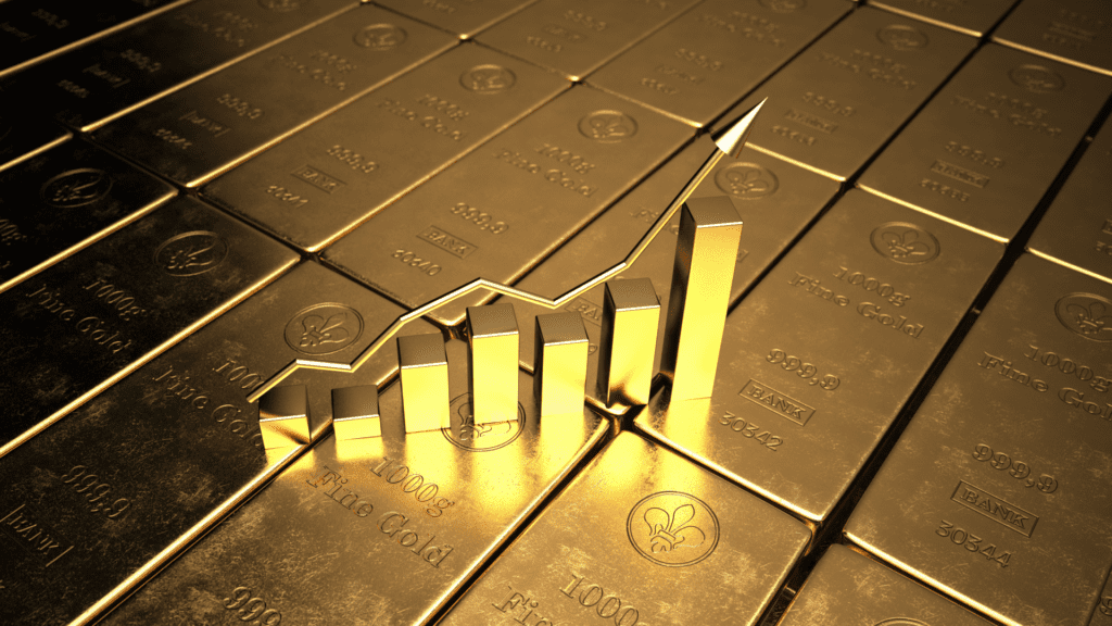 small gold bars placed in increasing size manner, representing upward gold trading trend
