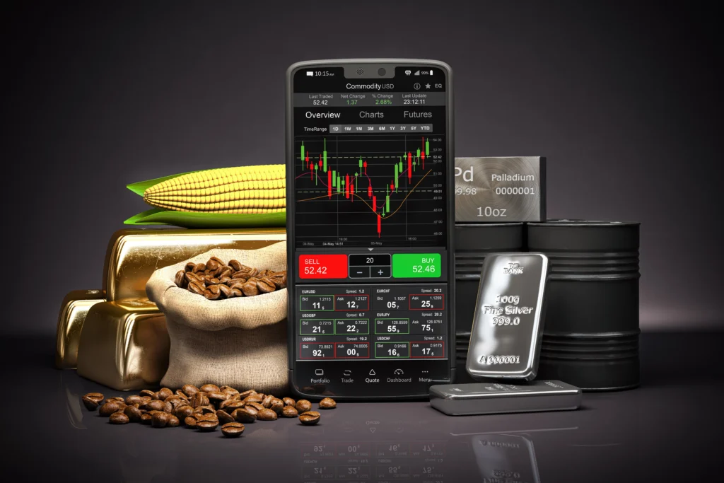 mobile phone with commodities stock exchange mark placed in front of various commodities and metals
