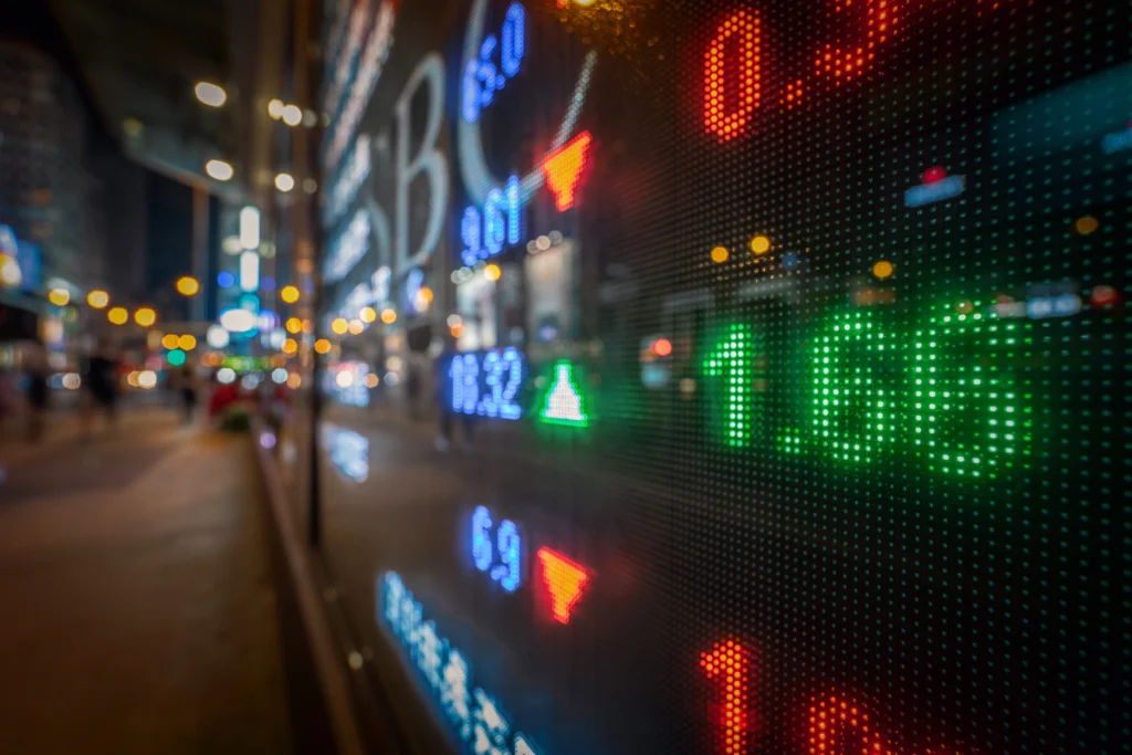 stock market exchange information on trading chart display screen