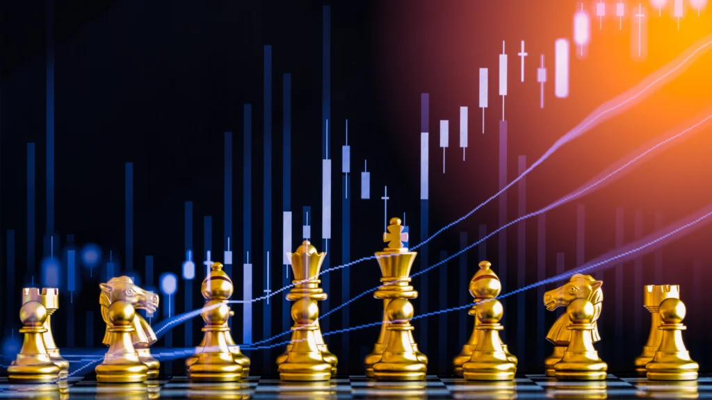 chess game on chess board behind forex trading chart indicators depicting an idea of forex trading strategy planning