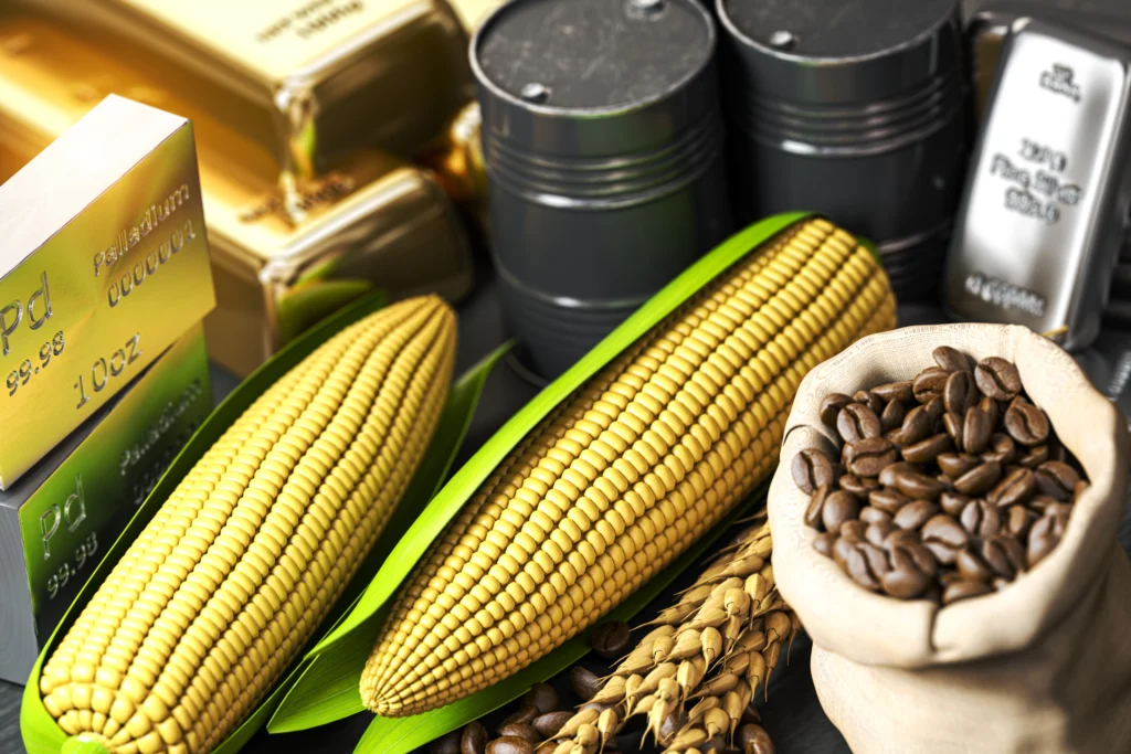 commodities of crude oil, gold, silver, palladium, wheat, corn and coffee beans